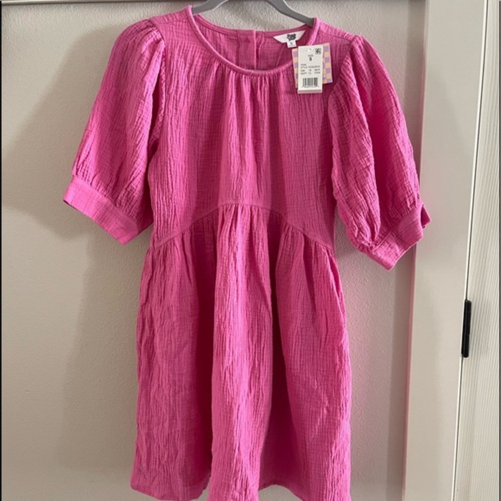 Ascot + Hart puff sleeve pink gauze empire waist dress size S NWOT